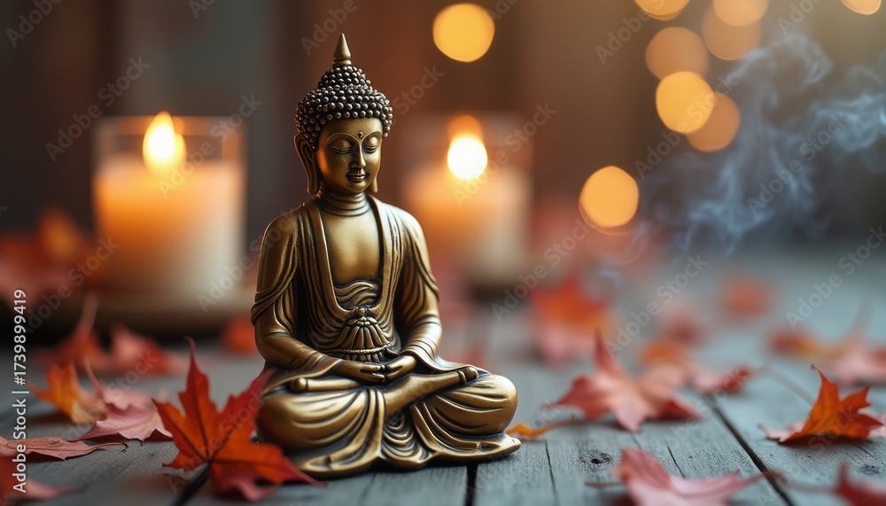 Fototapeta premium Serene Buddha statue surrounded by glowing candles and autumn leaves