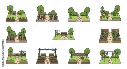 Set of various garden and park landscape illustrations.