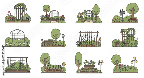Set of cute garden and park landscape illustrations Collection of various gardening scenes with flowers vegetables and trees in a simple doodle style.