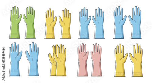 Set of colorful rubber gloves for cleaning and protection Vector illustration of household and medical gloves.