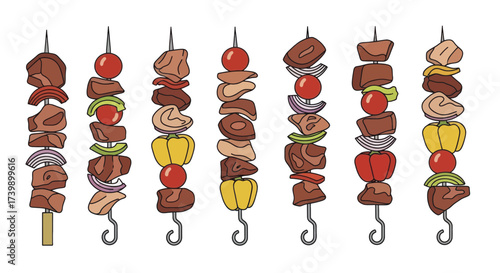 Set of assorted meat and vegetable kebabs on skewers illustration.