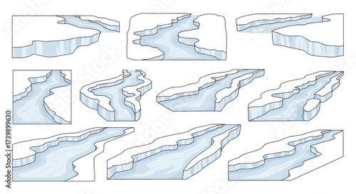 Set of cartoon illustrations of frozen rivers and ice floes.