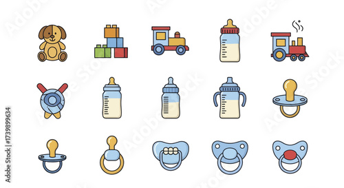 Set of colorful baby items and toys icons for newborns.