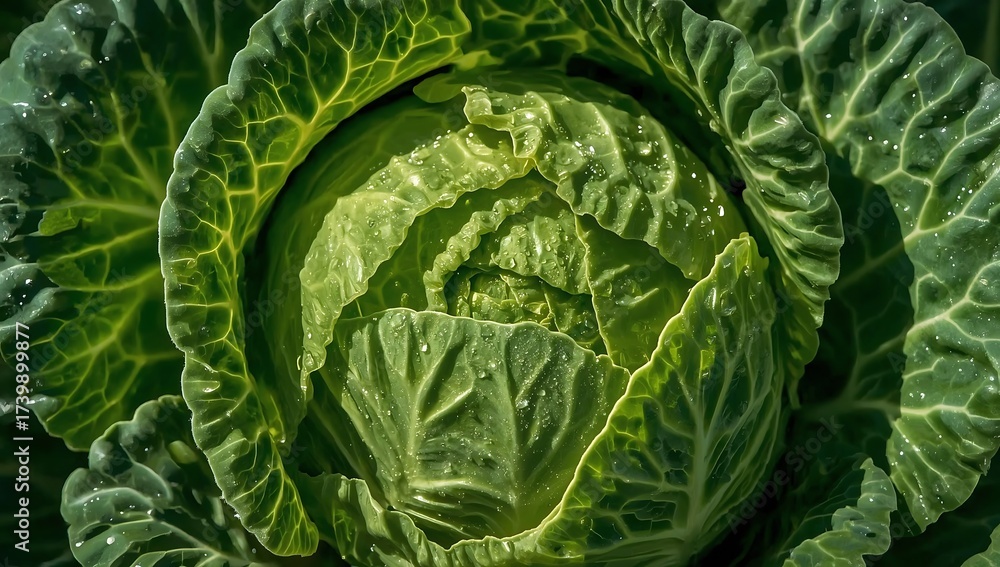 Fototapeta premium Closeup of a fresh, green cabbage with water droplets