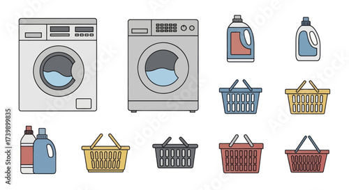 Set of colorful laundry icons with washing machines and baskets.