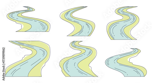 Set of six winding river path illustrations.