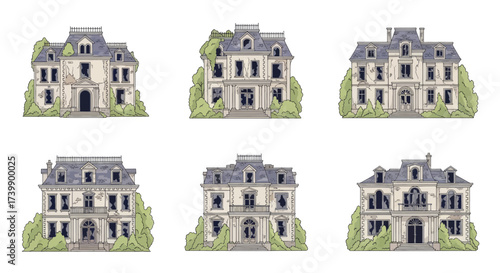 Set of six abandoned old mansions with broken windows and overgrown plants.