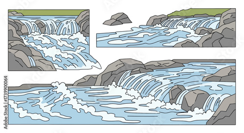 Vector illustration set of a mountain river with waterfalls and rapids.