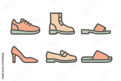 Collection of various footwear icons including sneakers, boots, high heels, loafers, and sandals
