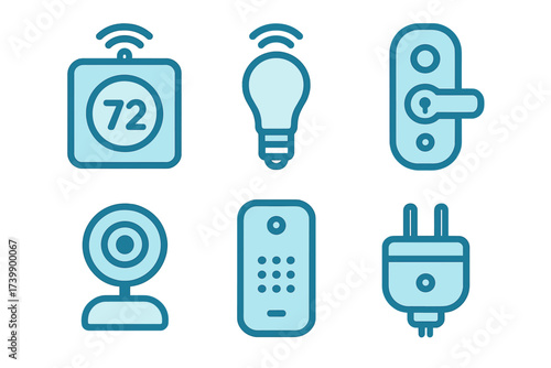 Set of smart home technology devices including thermostat light bulb door lock and security camera