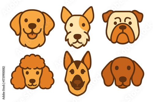 Adorable cartoon dog faces set featuring six popular breeds including golden retriever poodle and bulldog