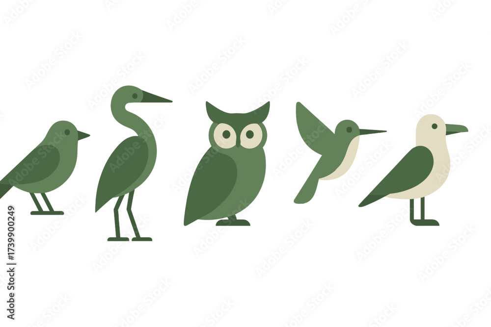 Fototapeta premium Flat design collection of stylized wild birds: owl, heron, hummingbird, and gull