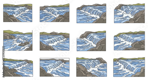 Set of twelve cartoon frames showing a river waterfall animation.