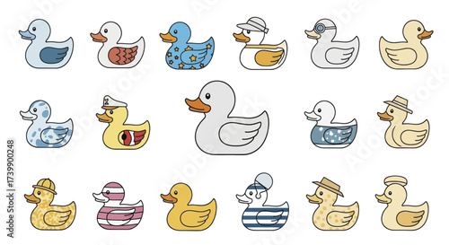 Assortment of Decorative Cartoon Rubber Ducks with Hats and Patterns.