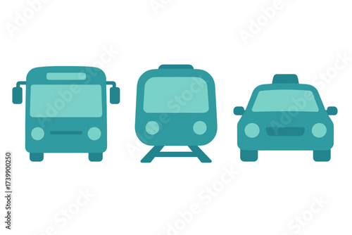 Flat graphic style collection of public transportation icons: bus, train, and taxi cab