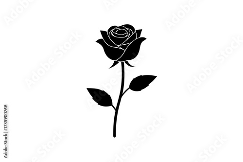 A black rose with stem and leaves on transparent background silhouette