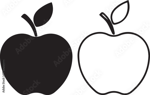 a black silhouette of an apple with a leaf on a white background apple, black, icon, illustration,
