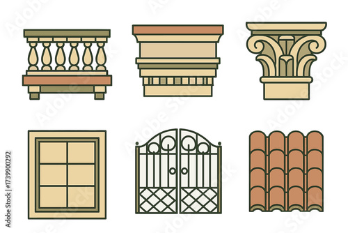 Classic architectural elements set including balustrade capital cornice window gate and roof tiles