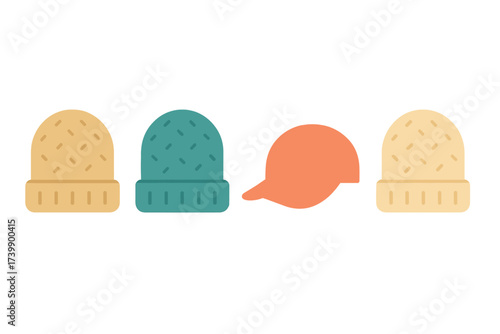 Various knitted winter hats and a casual baseball cap icon collection