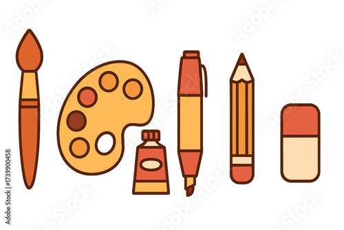 Collection of essential art supplies including paintbrush, palette, marker, pencil, and eraser arranged horizontally