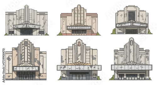 Set of six abandoned Art Deco style movie theater building illustrations.