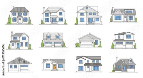 A diverse collection of residential house illustrations.