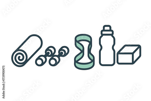 Essential fitness equipment set including yoga mat dumbbells resistance band and water bottle