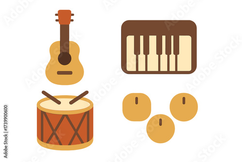 Stylized set of musical instruments including acoustic guitar, snare drum, keyboard, and percussion elements