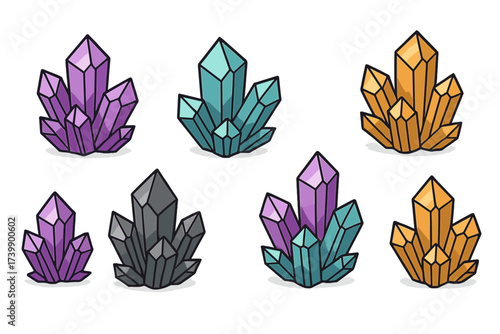 Collection of stylized colorful mineral crystal clusters and faceted gemstones