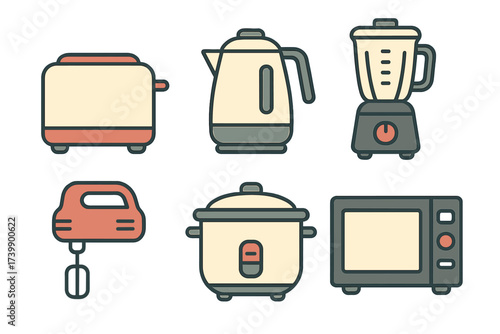 Modern kitchen appliances set of flat icons including toaster kettle blender microwave