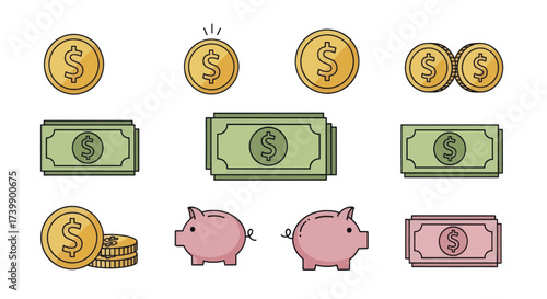 Colorful money and savings icon set with dollar symbols.
