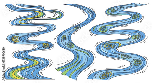 Set of three stylized winding rivers with swirling currents.