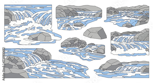 Stylized cartoon river scenes with flowing water and stones set.