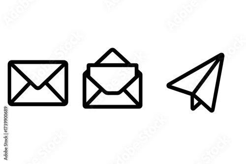 Essential outline symbols depicting email, open message, and sending communication