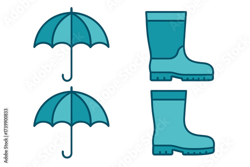 Teal blue rain boots and open umbrellas set symbolizing wet weather protection