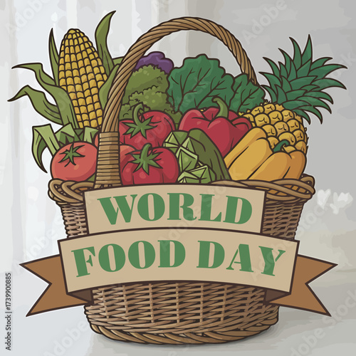 Vector art of abundant basket overflowing with fresh fruits and vegetables, symbolizing world food day and the importance of healthy eating and agricultural abundance