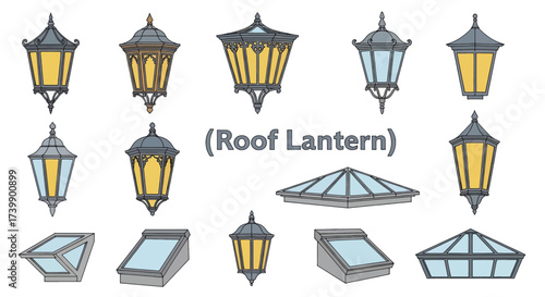 Set of classic street lamps and modern roof lantern skylights illustration.