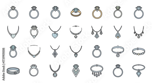 Set of colorful jewelry icons including rings necklaces and bracelets.