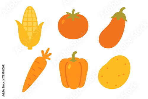 Six popular autumn harvest vegetables set including corn tomato carrot pepper and potato