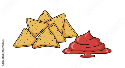 Crispy nacho chips with red tomato sauce dip illustration.