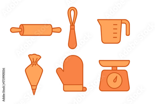 Essential kitchen baking tools and equipment icons including rolling pin whisk and scale