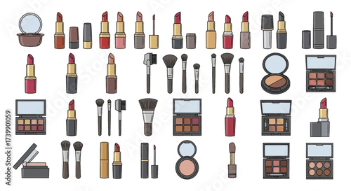 Large set of decorative cosmetics vector illustrations Makeup collection including lipstick eyeshadow palettes and brushes isolated on white.