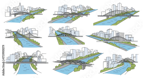 Collection of various cityscapes with bridges over a river vector illustration set.