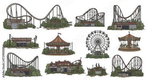 Set of abandoned amusement park attractions and buildings.