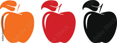 a black silhouette of an apple with a leaf on a white background apple, black, icon, illustration,
