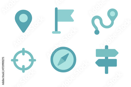 Set of six navigation and location icons including map pointer, route path, compass, target, flag, and directional signpost