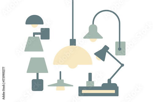 Modern interior lighting fixtures set including pendant, desk, and wall lamps in flat design