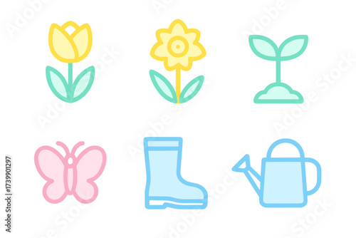 Set of colorful spring and gardening symbols: flowers, sprout, butterfly, boot, and watering can