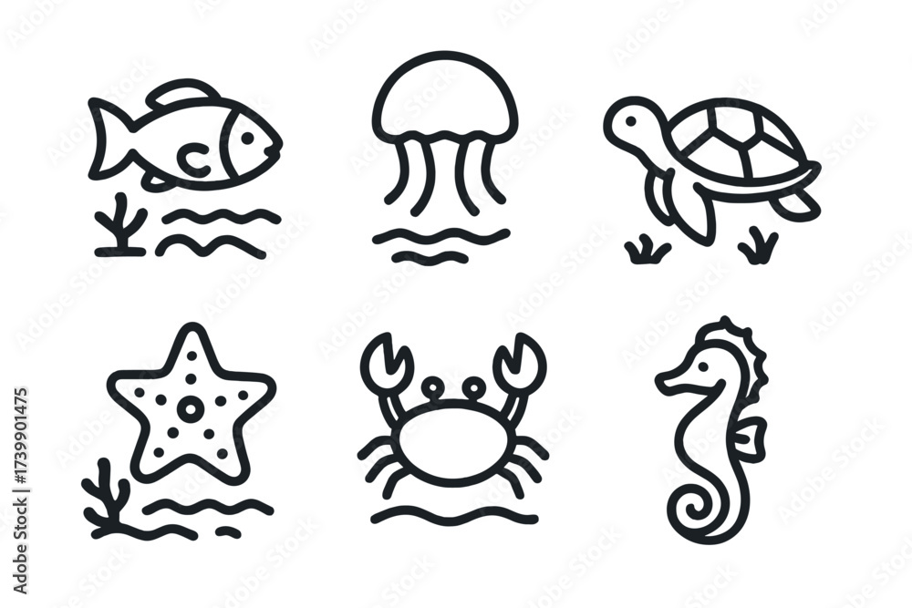 Fototapeta premium Simple outline symbols of underwater animals and aquatic life collection