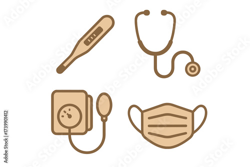 Stethoscope, thermometer, blood pressure monitor, and protective face mask equipment